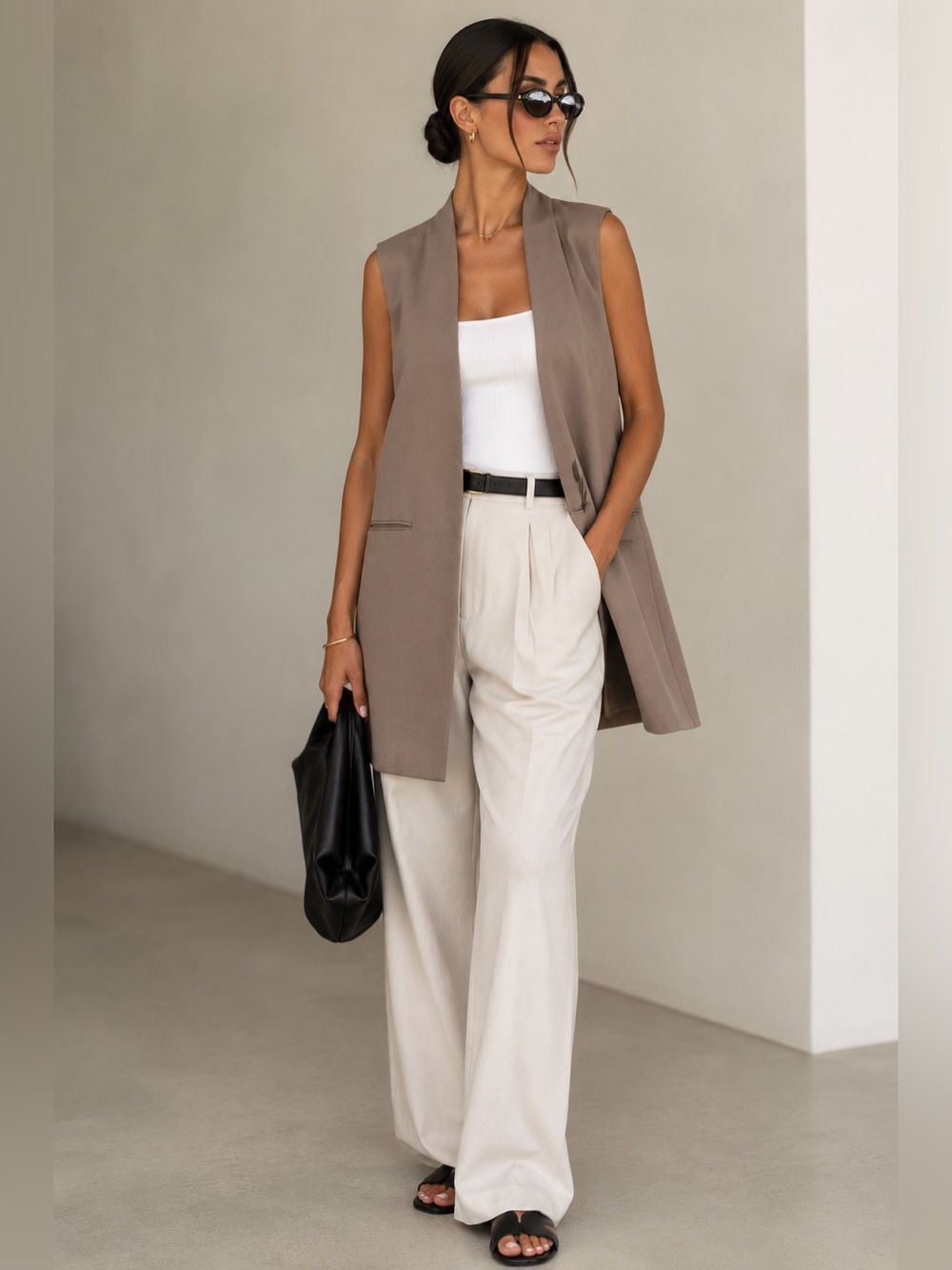Wilfred Aritzia Longline Vest XS Taupe Brown Open Front Tailored Blazer
